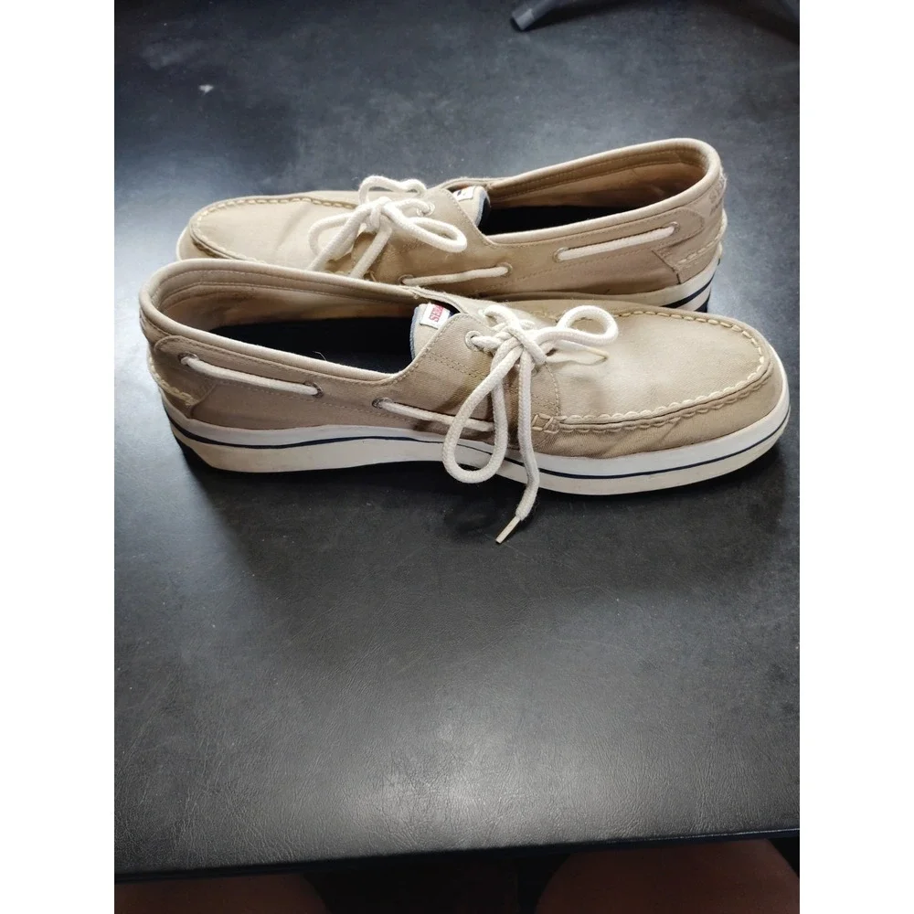 Sebago Docksides Men 13 Beige Canvas‎ Boat Shoes Casual Slip On Loafers Preppy